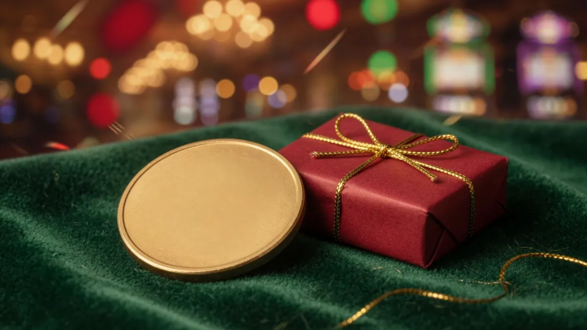 Boîte cadeau avec ruban et jetons de casino sur la table