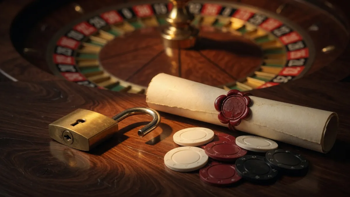 Balance dorée de la justice, cadenas ouvert et jetons de casino sur une table de jeu